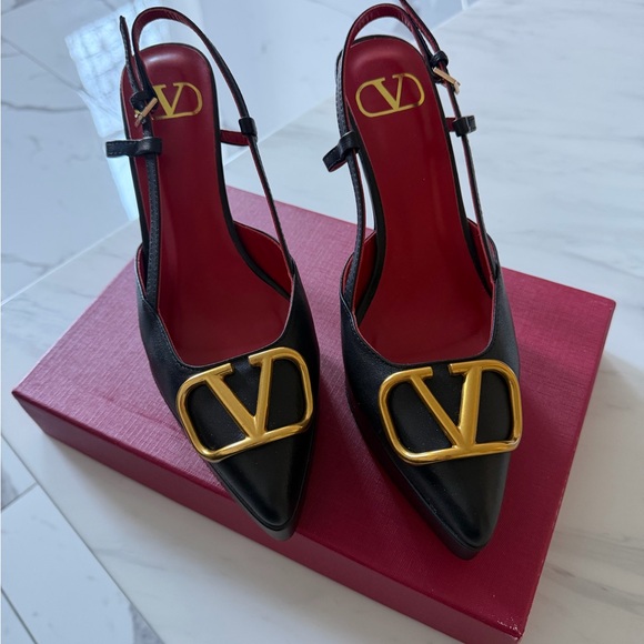 Valentino Shoes - Valentino Black Leather Slingback Pumps with Gold V Emblem